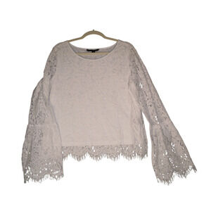 Zac Rachel Blouse Women M White Lace Overlay Flare Sleeve Lined Scalloped Fringe